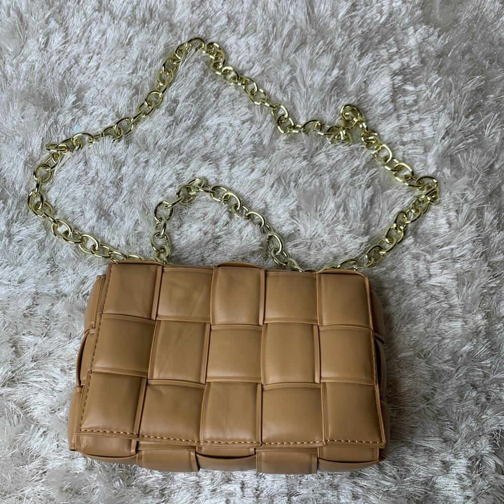 Camel Tan Woven Box Shaped Cross Body Bag 9 x 6 x 2.5"